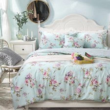 Floral Duvet Cover Queen 100 Cotton Blue Green Farmhouse Bedding Super Soft ...