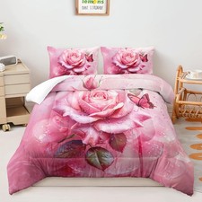 AILONEN Pink Rose Comforter Set Queen Size,Rose Flower Butterfly Bedding Set ...