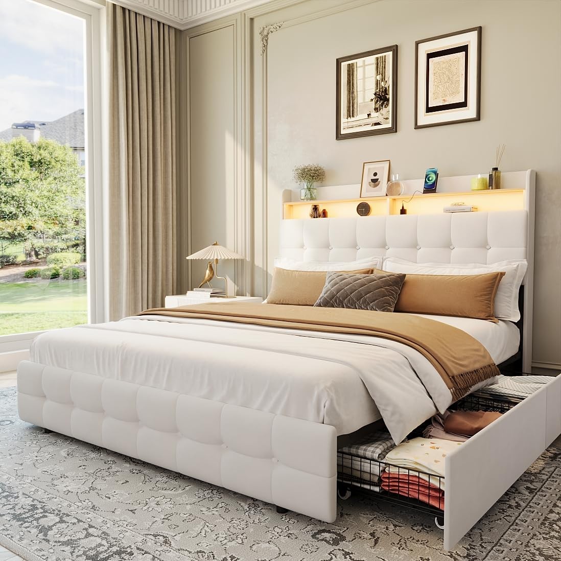 With 2 Storage Drawers, Upholstered Bed Frame Full With L...