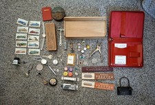 Job lot vintage items Coins, hat Pins,boxes,writing folder, badges, watch parts 