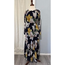 Cottagecore Navy Floral Mesh Tiered Maxi Dress Smocked Waist Size 8 Spring