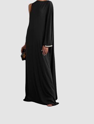 $2790 Reem Acra Women Black Asymmetric Crystal-Embellish Crepe Gown Dress Sz 10