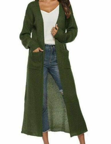 Damen Langarm volle Länge Maxi Cardigan Staubtuch vorne offen Pullover Mantel - Bild 18 von 19