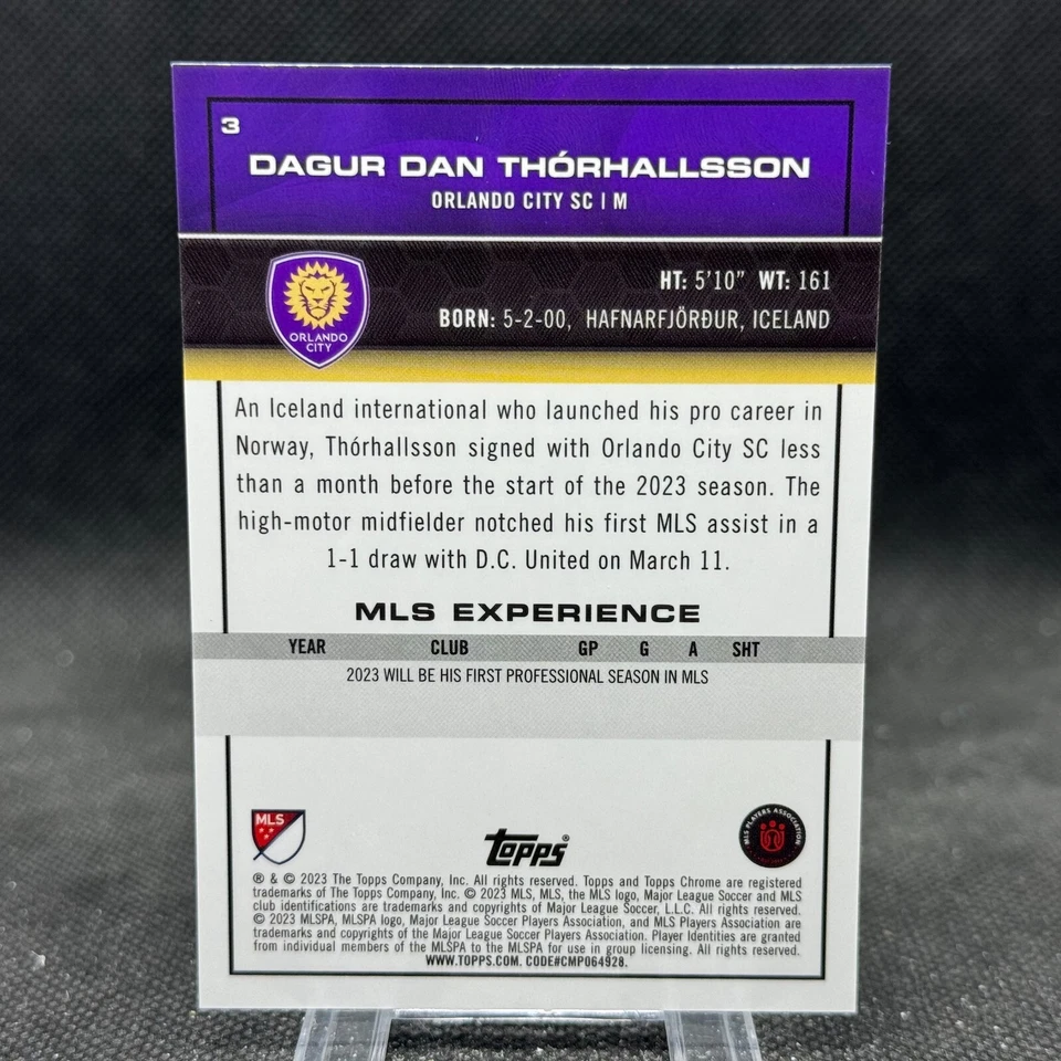 Dagur Dan Thorhallsson 2023 Topps Chrome MLS Blue Wave /199 Orlando Rookie #3 - Image 2 of 2