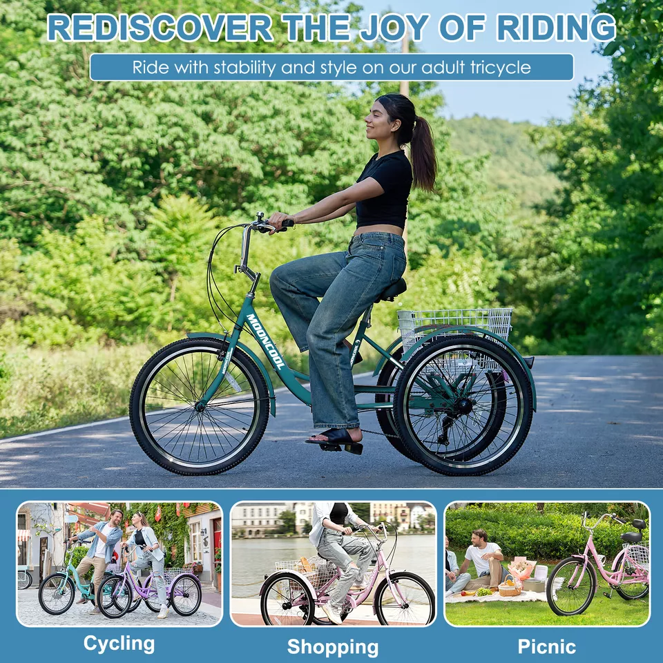 MOONCOOL Adult 26" Tricycle 7 Speed 3 Wheels Bicycle Trike w/ Basket&Backrest - Image 3 of 4