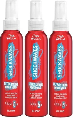 3 x Wella Shockwaves Styling Ultra Strong Rock & Hold 5 Gel Hair Spray 150ml