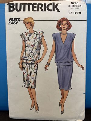 Vintage 1986 Butterick Sewing Pattern #3796 Misses Loose Top Skirt 14+16+18