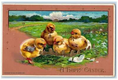 1912 Easter Hatched Egg Baby Chicks Gel Gold Gilt Lents Oregon OR Postcard