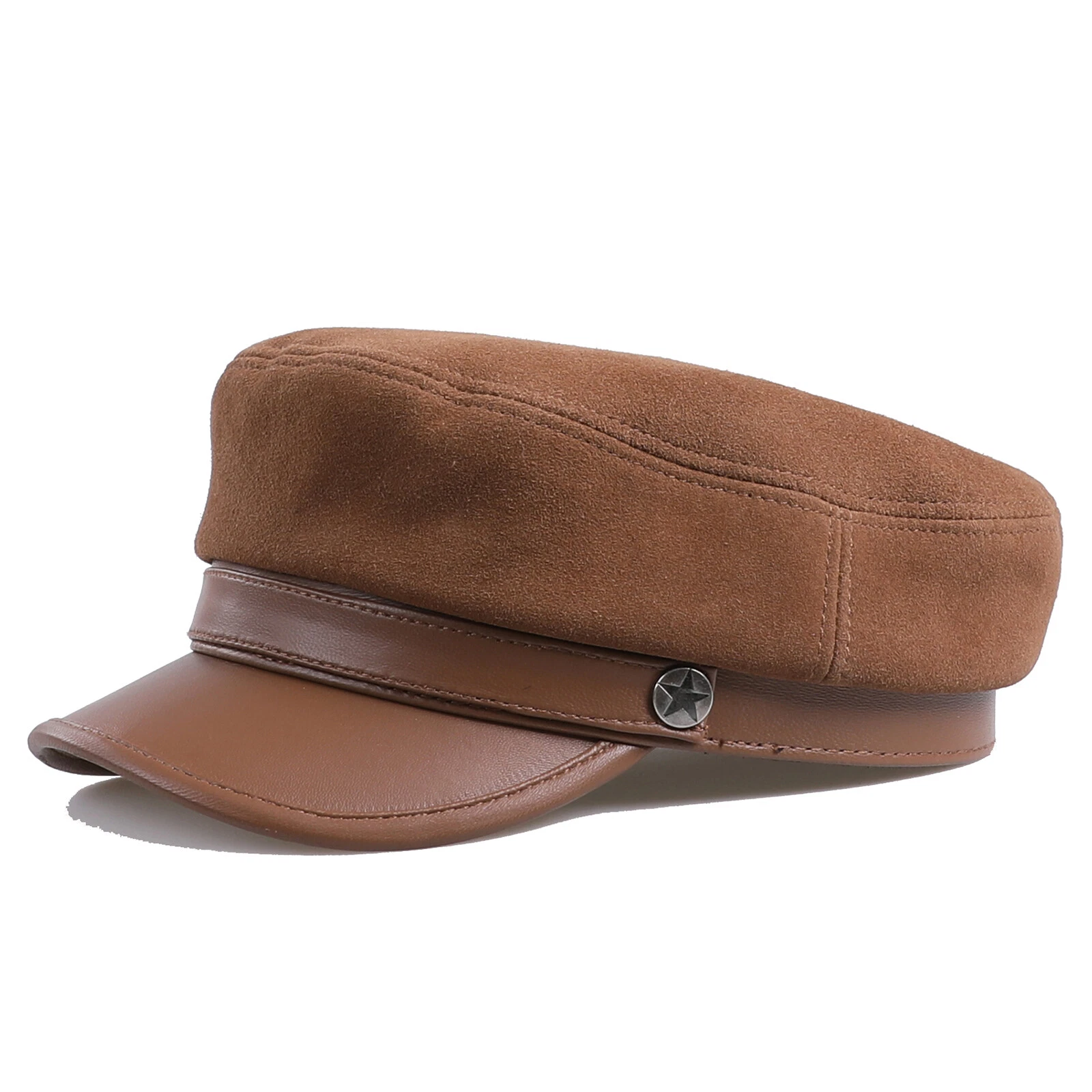 100% Suede Leather Unisex Classic British Flat Top Cap Military Army Fiddle Hat