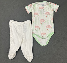 KicKee Pants Outfit Girls Set White Pink Green Lotus Flower Bodysuit Bamboo 3-6