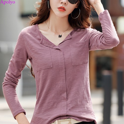 Damen Baumwolle Langarm Frühling Herbst V-Ausschnitt Taschen Freizeit T-Shirt Bluse Tops - Bild 3 von 11