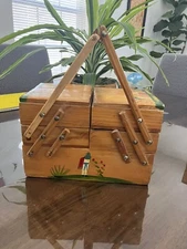 VINTAGE Mexican Accordion Wood Fold-Out Sewing Box Basket Hand Painted