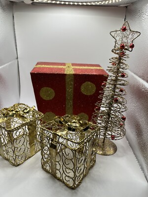 9.5'' Metal Wire Gold Sparkled Christmas Tree With Red Christmas & MORE LOT SEE