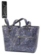 Zelle Paisley Embossed Genuine Leather Tote Bag In Dusty Gray & Lt. Blue-pockets