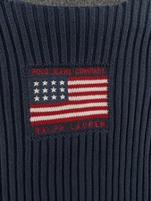 Ralph Lauren Boat Neck Ribbed USA Flag Polo Jeans Company Sweater Blue Logo XL