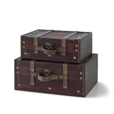 Wooden Vintage Luggage Trunks - Set of 2, Decorative Antique Suitcase Boxes w...