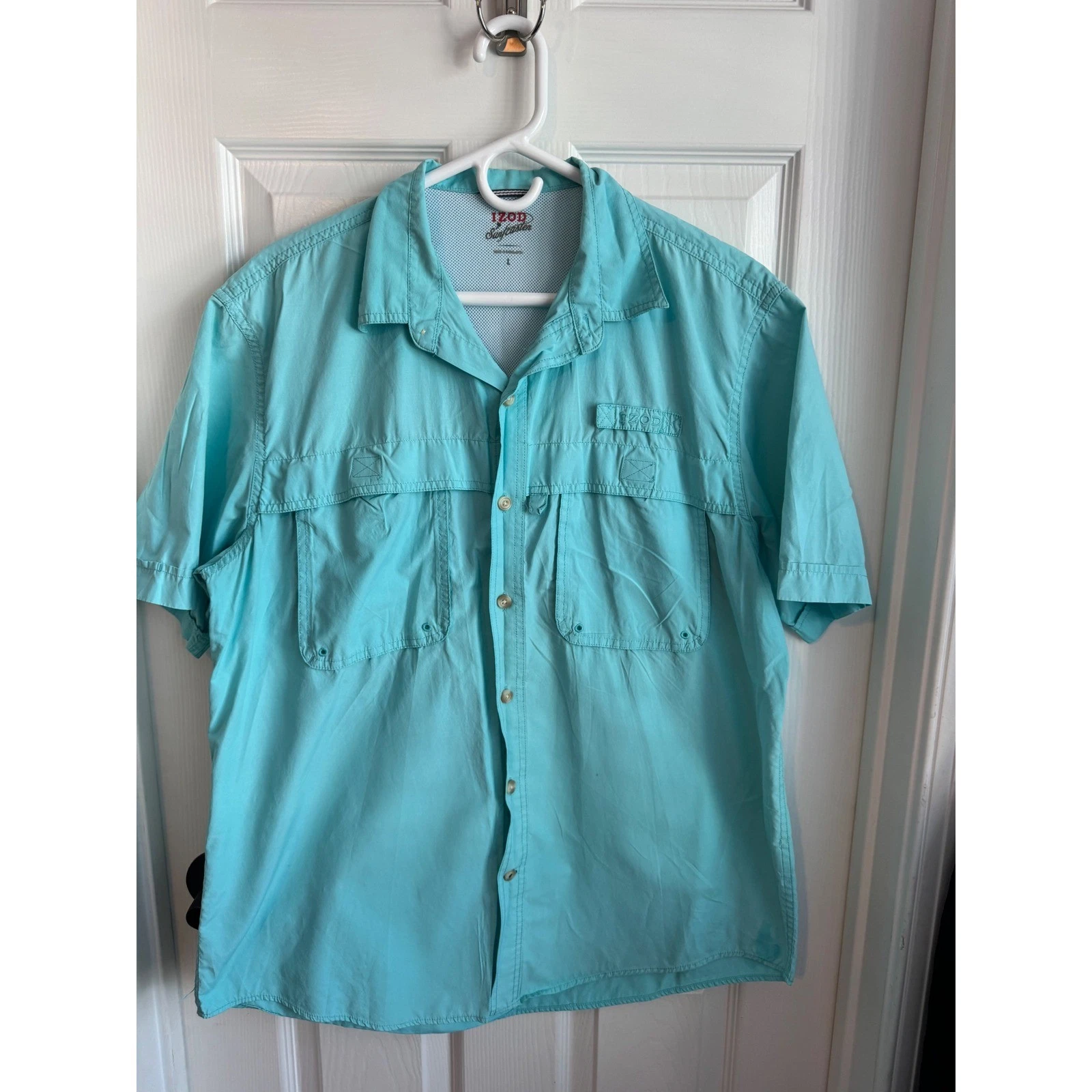 IZOD Saltwater Fishing Shirt Mens Large Aqua Button Front Short Sleeve Vented