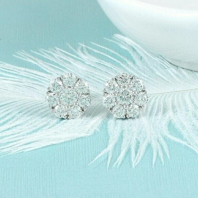 Damen Blumen Ohrstecker 14K Weißgold vergoldet 2Ct rund Lab Created Diamant