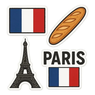 Sticker Set 4x France Flag Baguette & Eiffel Tower 9x9cm Decal