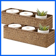 Rustic Three Compartment Seagrass Toilet Paper Basket with Lid - Washroom Charm