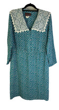 Vintage 80s Womens 12 Calico Floral Lace Bib Long Sleeve Dress Cottagecore USA