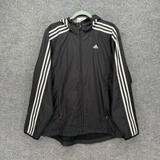 Vintage Adidas Windbreaker Jacket Mens Medium Black 3-Stripe Hooded Full Zip Y2K