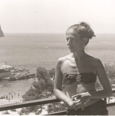 Vintage 70s Photo Pretty Woman in Bikini Beach Balcony Overlooking Sea Mallorca