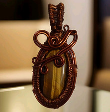 Handmade Tigers Eye Pendant Copper Wire Wrapped Necklace Boho Jewelry Artisan