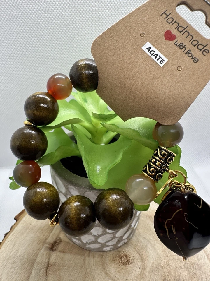 Pulsera de cuentas de madera de piedra natural de ágata Foto 3 de 4