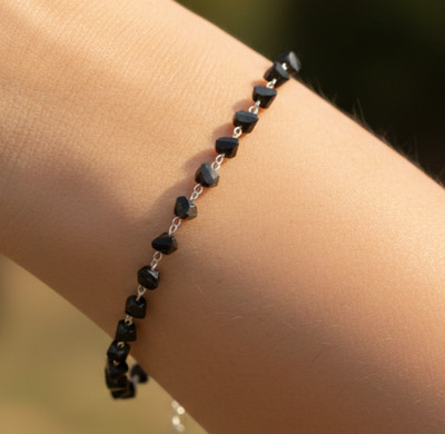 Silver Tone Black Onyx Color Beaded Bracelet Minimalist Geometric Brass Chain