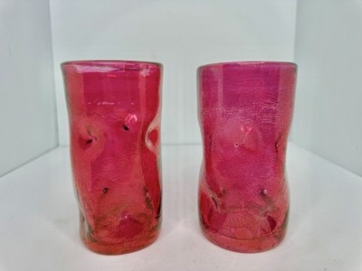 HTF 2pcs Vintage MCM Blenko Glass Pinched Tumbler In Flashed Cranberry 5.75 