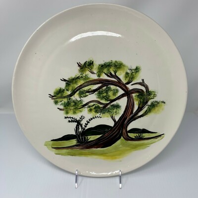 Pottery Platter Handpainted Tree Large Handmade 14'' Monterey Cypress Art MCM VTG