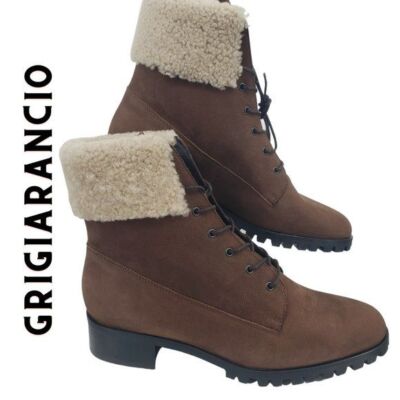 GRIGIARANCIO Delli Brown Suede Shearling Lace Up Ankle