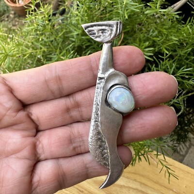 VTG Tudor Figural Brooch Cuticle Knife 3 Inch Precious Opal Fine Silver 15.0g