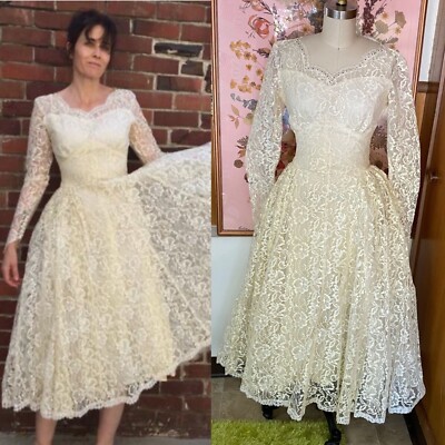 chinese dress ladies 1950S White V Neck Lace Long Sleeve Swing Dress  Jolly Vintage