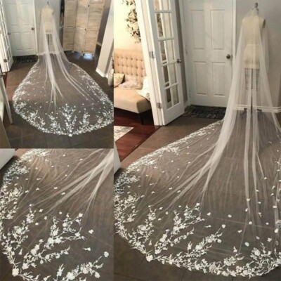 Delicate Romantic Rose Embroidered Lace Veil with Comb Cathedral Length Wedding