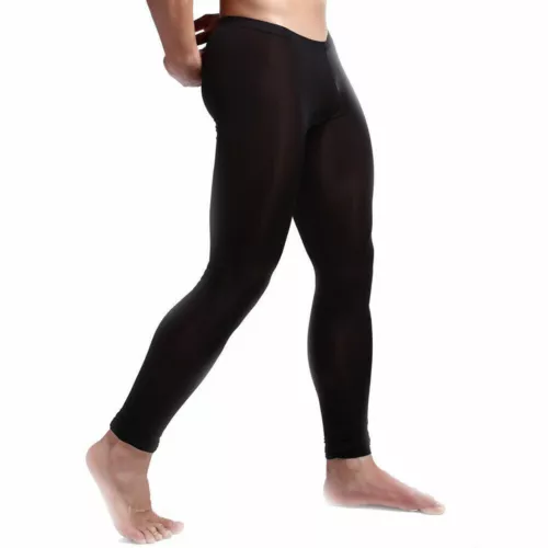 Men Sexy Ice Silk Leggings Sheer See-through Slim Tight Long Johns Trousers - Picture 6 of 33