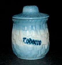 Blue & White Basketweave & Morning Glory Covered Tobacco Canister Stoneware Ohio
