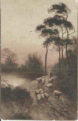 09462 - Postkarte, die Züchter oder Hirte zeigt, die Schafe auf einem Weg gehen