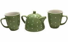 Tea for Two Tea Set Pot with 2 Mugs Green with Polka Dots Farmhouse