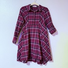 BCBGeneration Women’s Burgundy Navy Plaid Convertible Sleeve Collared Mini Dress