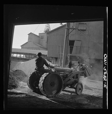 1930s Industrial Tractor Loader at Mine or Grain Elevator Action Scene