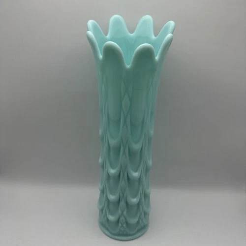 Vintage 9.5” Fostoria Aqua Milk Glass Drape Swung Vase
