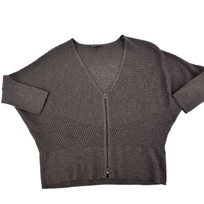 Eileen Fisher Zip Cardigan Women PL Brown 100% Wool Ribbed Batwing