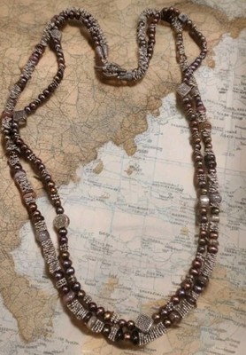 Artisan-Style Two-Strand Necklace with Peacock Freshwater Pearls & Natural Stone