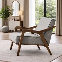 Grauer Einsitzer Designer Textilsessel Edles Holzgestell Stoffsessel