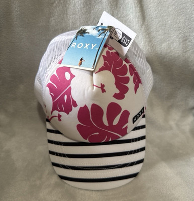 ROXY Women's Floral Mesh Back Trucker Hat Adjustable White Pink Black Logo
