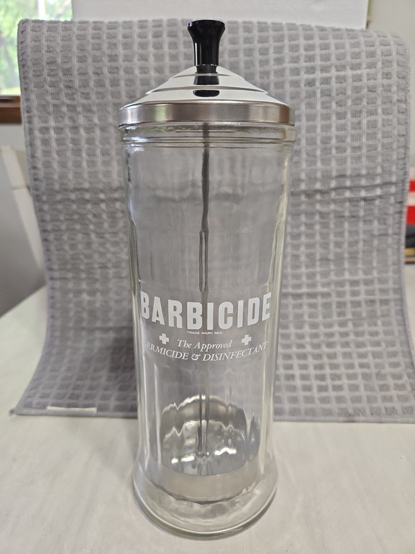 Vintage Barber Barbicide Disinfectant 11.5"H Glass Lidded Jar King Redearch Inc.