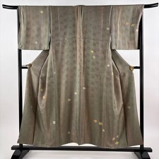 JAPANESE KIMONO FINE PATTERN GRAY-GREEN 153cm 5 ft 0 in PURE SILK B1710