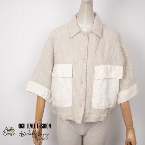TRANSIT PAR SUCH Women's Lino Cotton Silk Buttons Summer Beige Crop Blazer 3 M/L